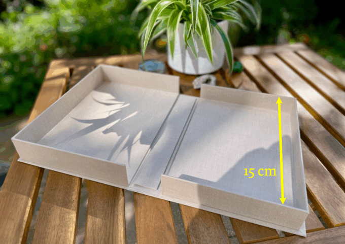Kassette 15 cm lang — bezogen mit Baumwoll-Leinen zur Aufbewahrung von Fotos, Andenken, Geschenken uvm.
